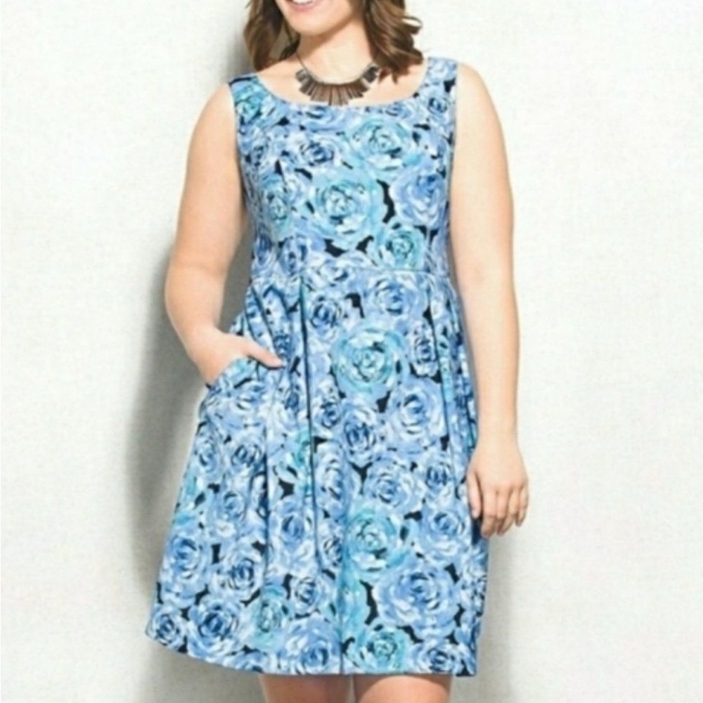 Carmen Marc Valvo A Line Dress 16 Blue Roses Stretch Pockets Washable Sleeveless